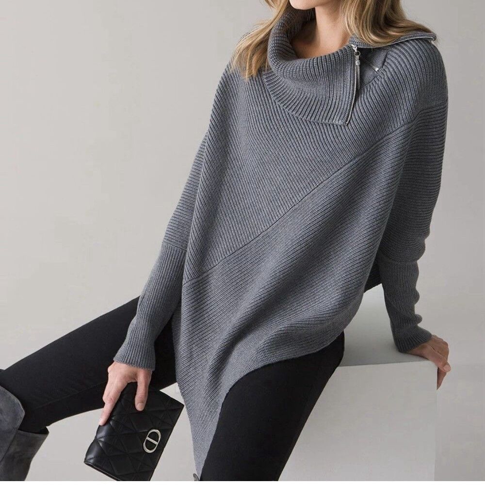 White House Black Market Gray Asymmetric Ribbed Cowl Zip Sweater
